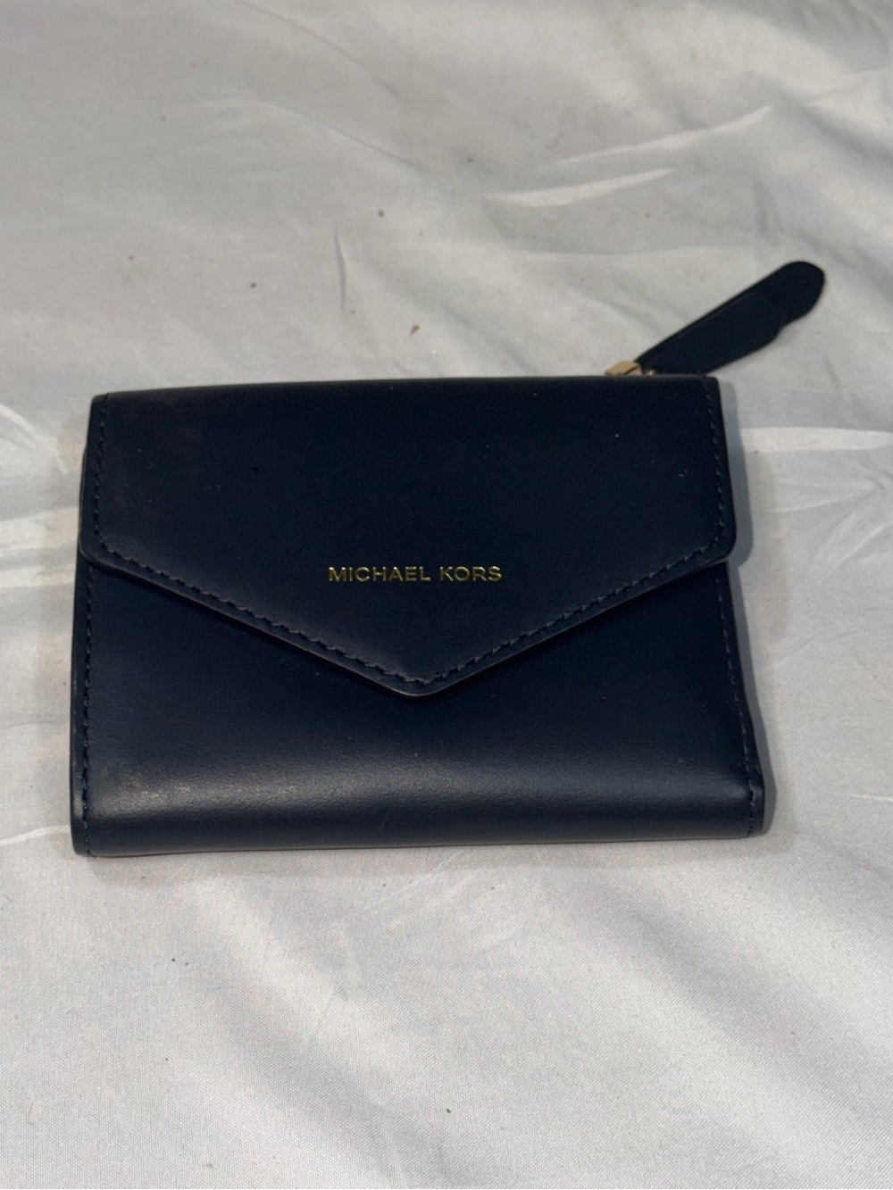 Michael Kors Small Blue Leather Envelope Wallet Gold Logo Compact Trifold Mini